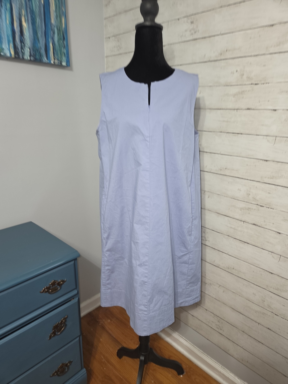 Eileen Fisher Light Blue Sleeveless Midi Shift Dress Front Zip Sz Med Pockets